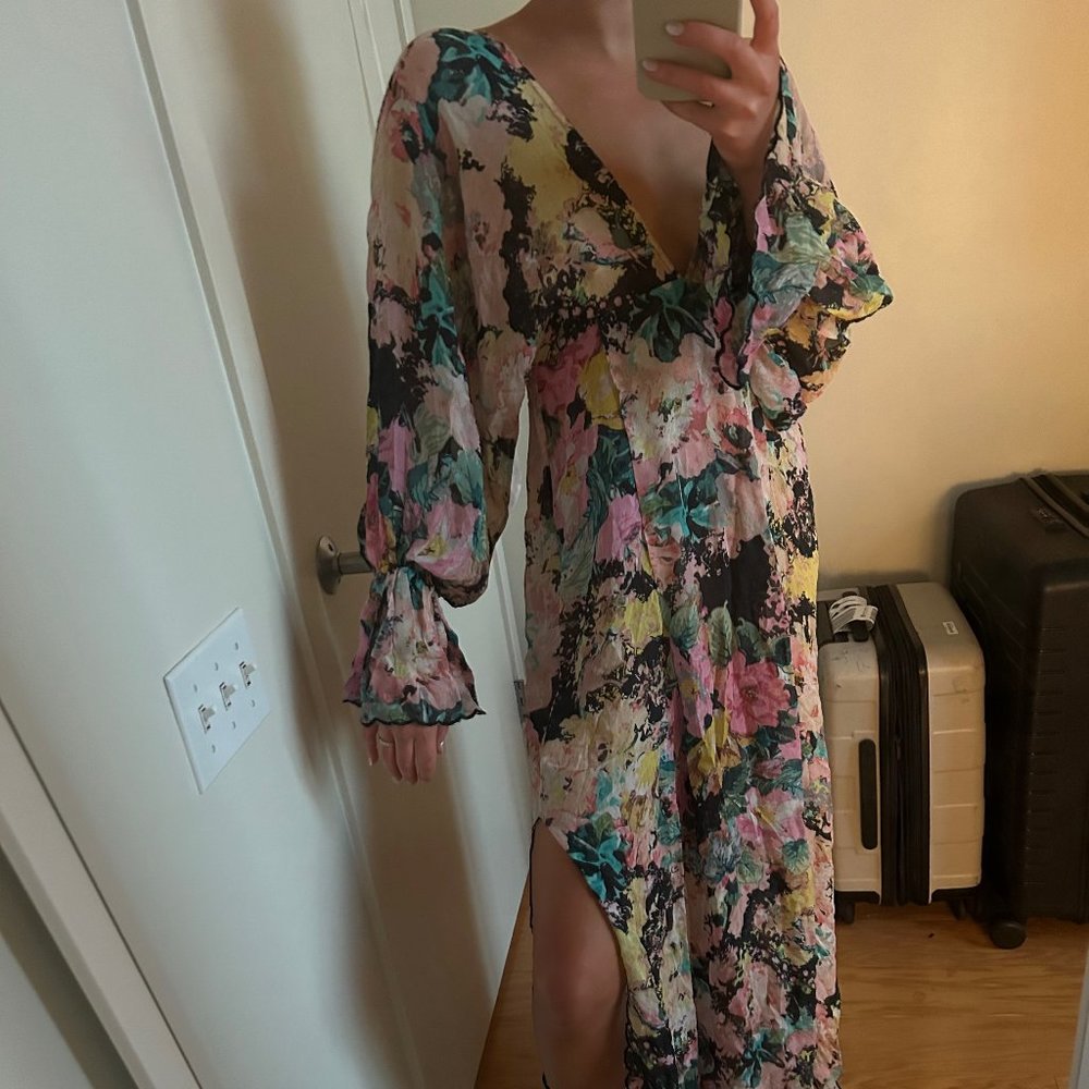 HEMANT AND NANDITA X REVOLVE Teien Caftan Black Floral Boho Maxi S NWT